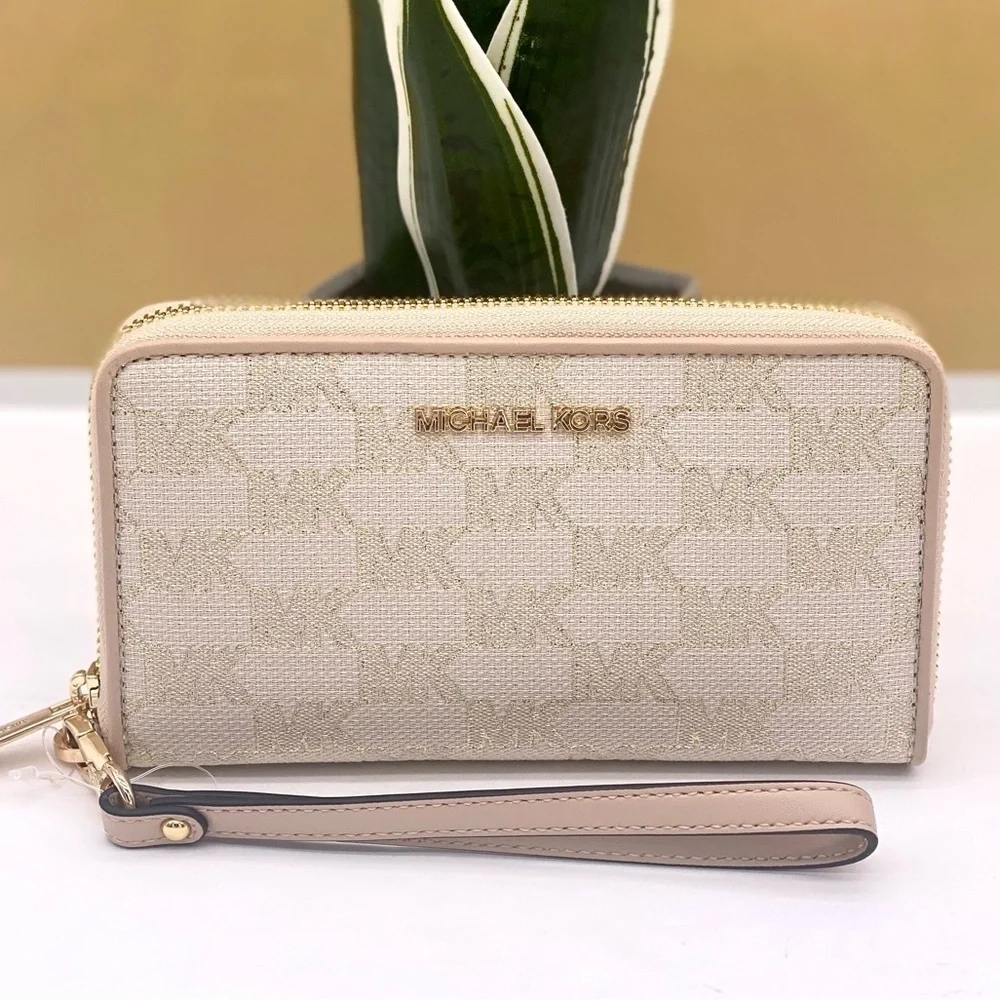 Michael Kors Jet Set Travel Wallet Phone Case Wristlet Glimmer MK Print